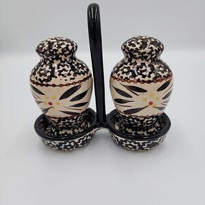 Temptations Salt & Pepper Shakers Caddy Polish Pottery Vtg Tara Style Farmhouse
